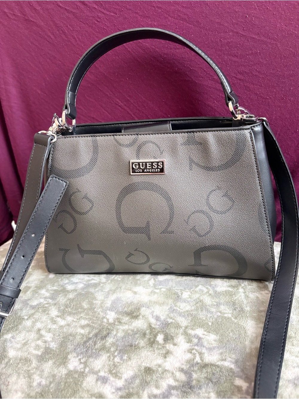 GUESS Los Angeles Black Monogram “G” Satchel Crossbody Bag Top Handle